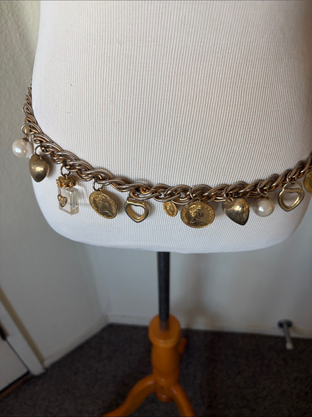 Vintage y2k Gold-Tone Charm Chain Waist Belt with Heart & Coin Charms
